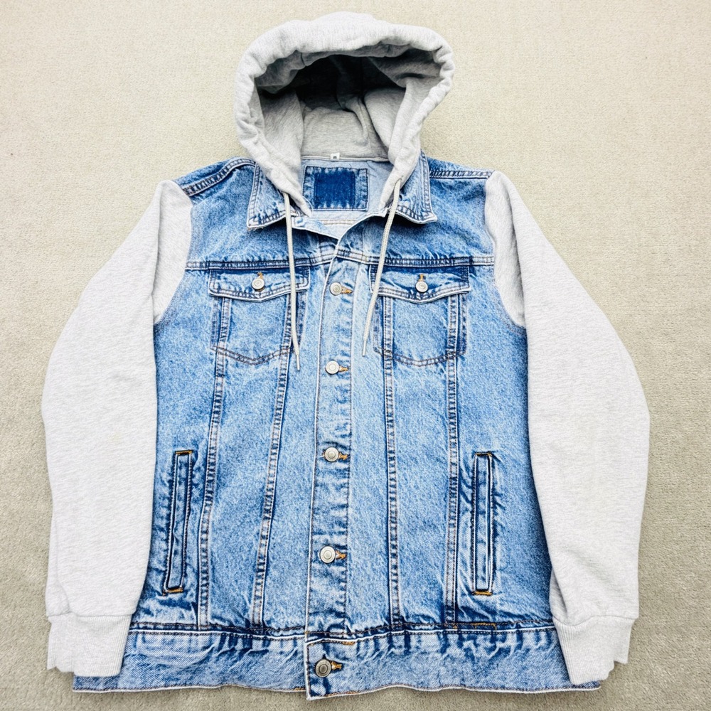 Mens Mixed Media Denim Jacket Light Wash Blue Gray Jersey Hooded Sleeves Size M